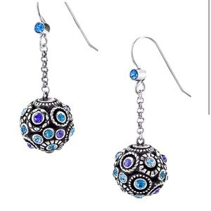 Brighton Dangle Earrings, Halo Sphere Ball Tanzanite Blue topaz Purple Crystals
